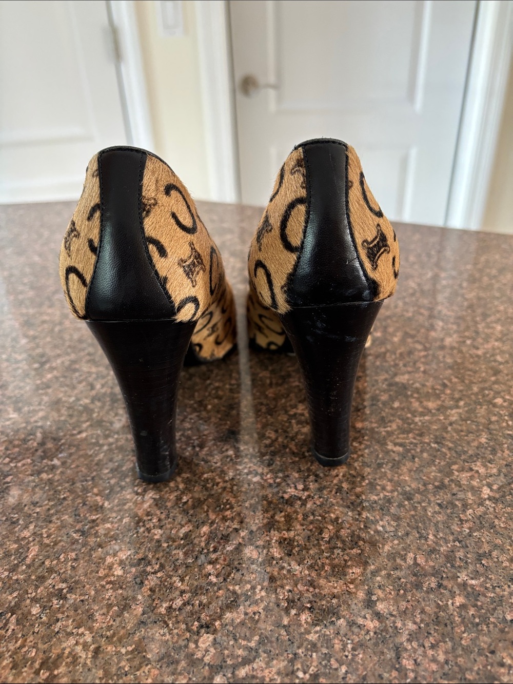 Celine Paris Ladies Tan Logo-Print Pony hair Red Interior Mary Jane Heels-5 - Picture 4 of 9
